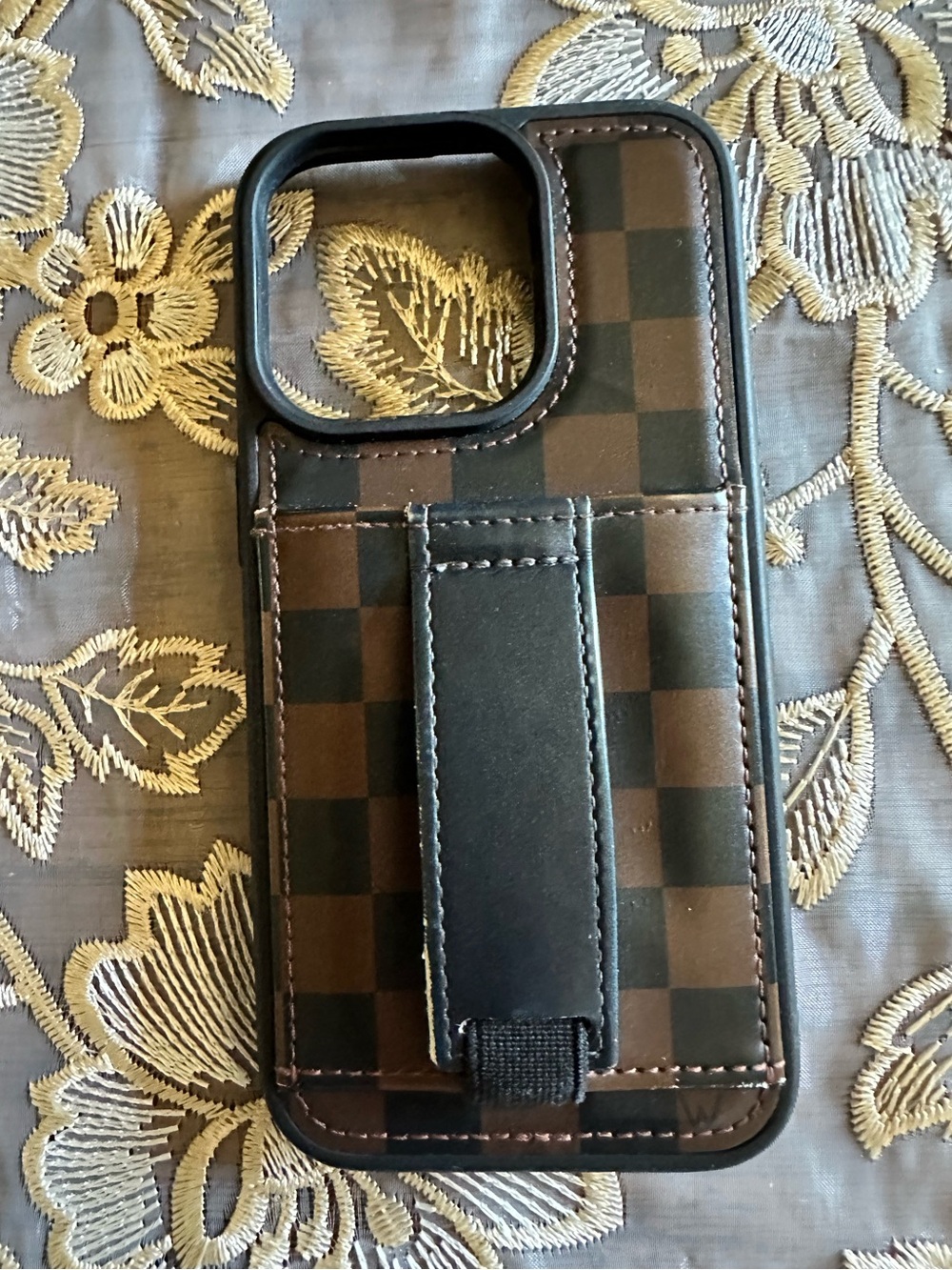 Brown Checker Walli Phone Case with Card/Strap - Brown